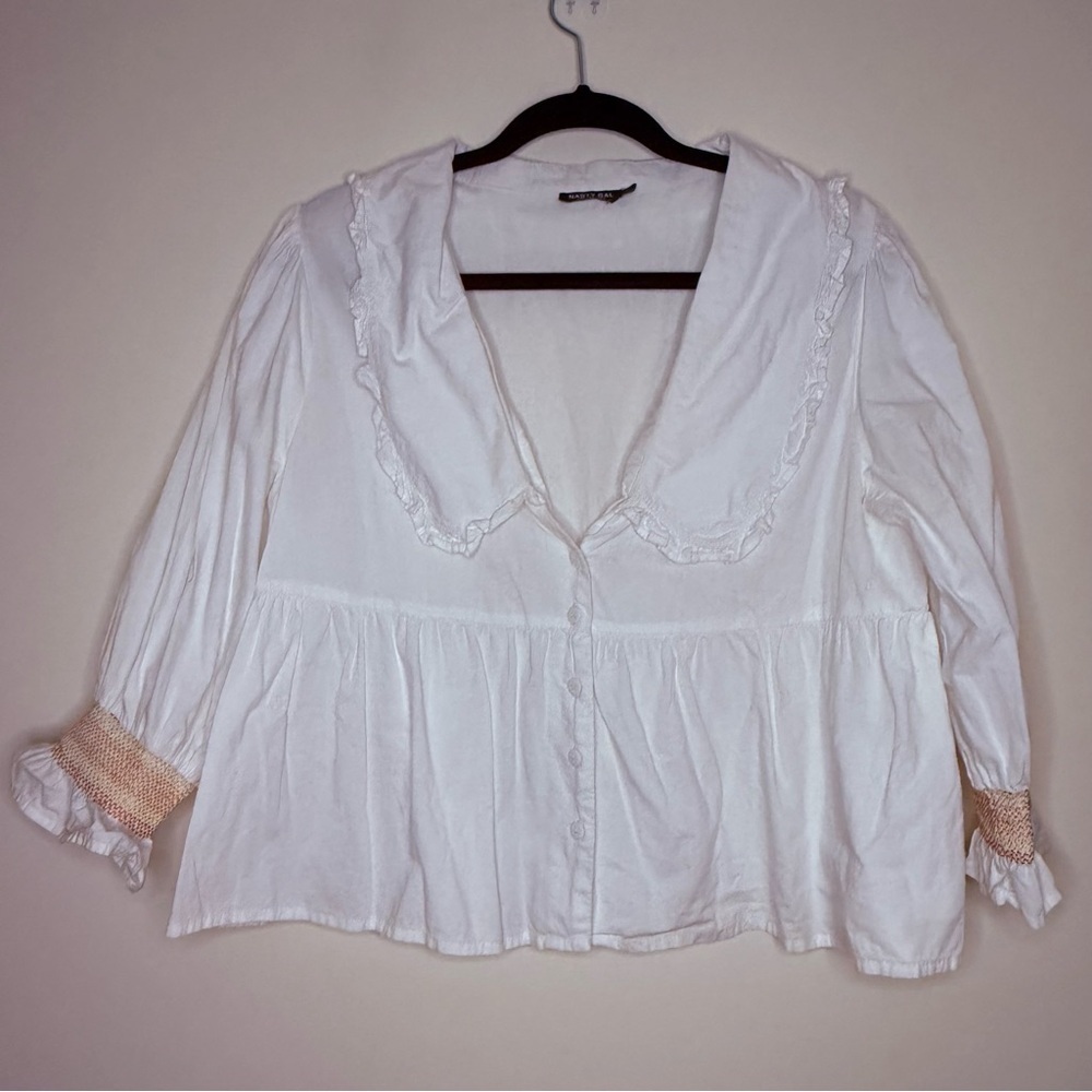 NASTY GAL Cottagecore Poplin Peter Pan Collar Embroidered Cuff Longsleeve Blouse